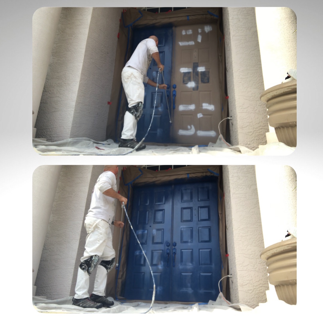 Spraying a new vinyl front double doors