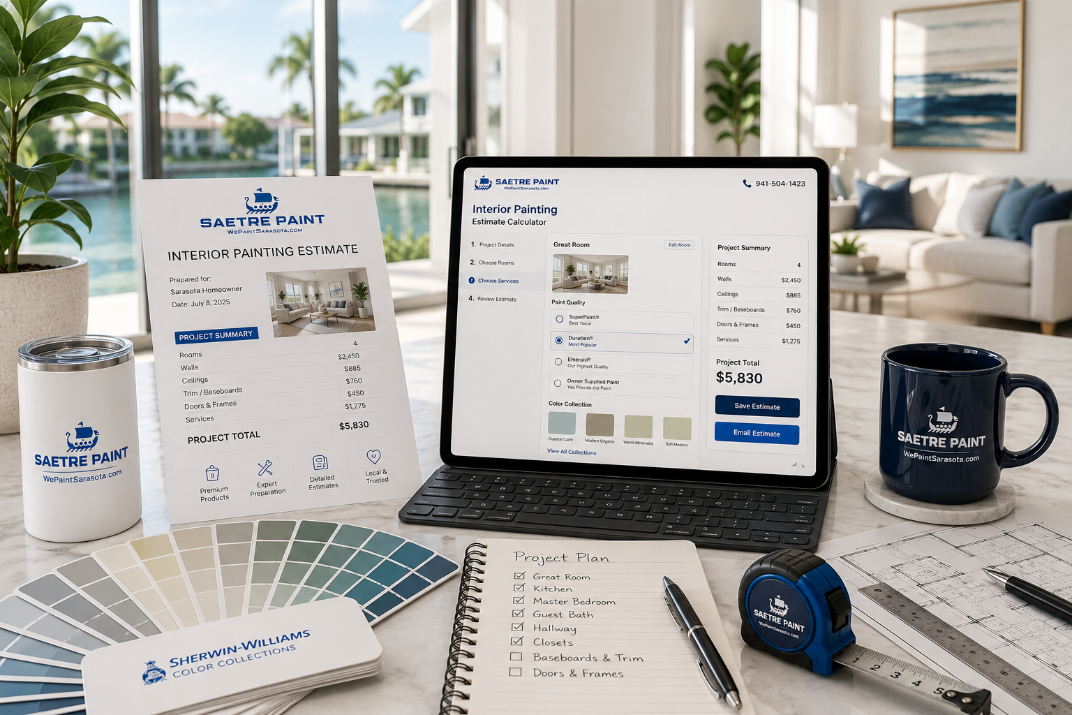 Professional painting project planning workspace with the Saetre Paint Interior Painting Estimate Calculator, printed estimate, project notes, Sherwin-Williams color collections, and Sarasota waterfront view.