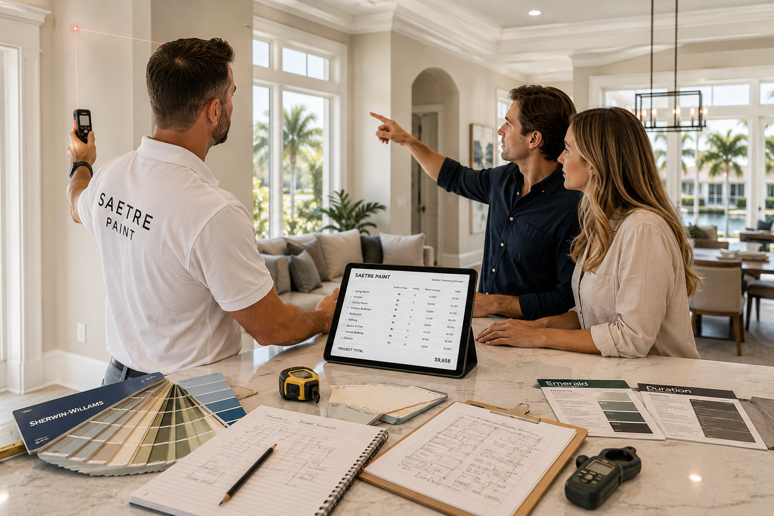 Saetre Paint estimator using a laser measuring tool while Sarasota homeowners review an interior painting estimate on a tablet