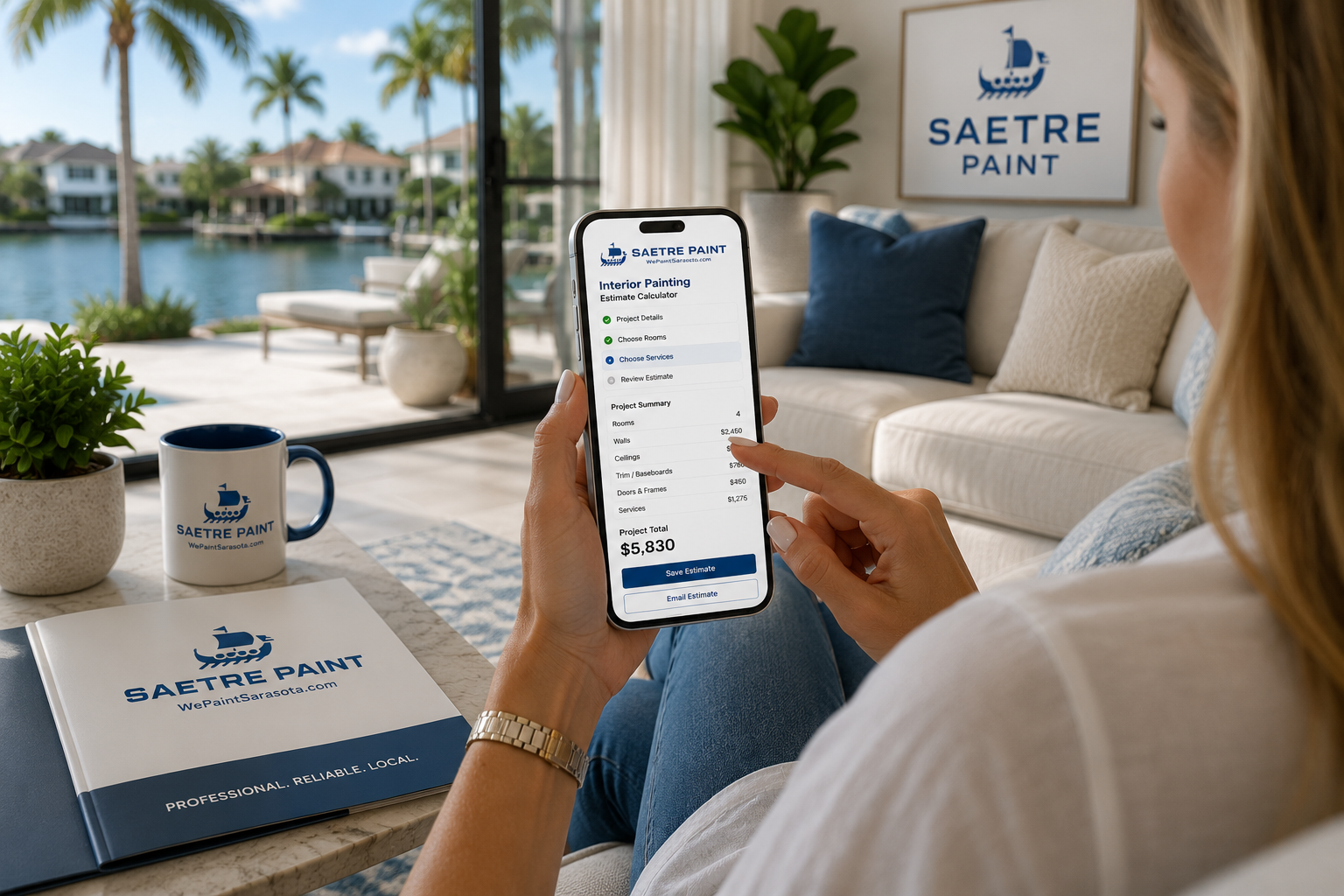 Homeowner using the Saetre Paint mobile interior painting estimate calculator in Sarasota, Florida.