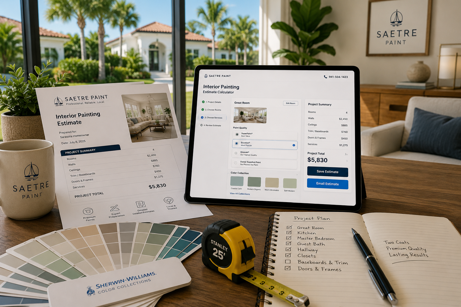 Professional painting estimate planning workspace with the Saetre Paint Interior Painting Estimate Calculator, printed estimate, Sherwin-Williams color collections, and project planning tools in Sarasota, Florida.