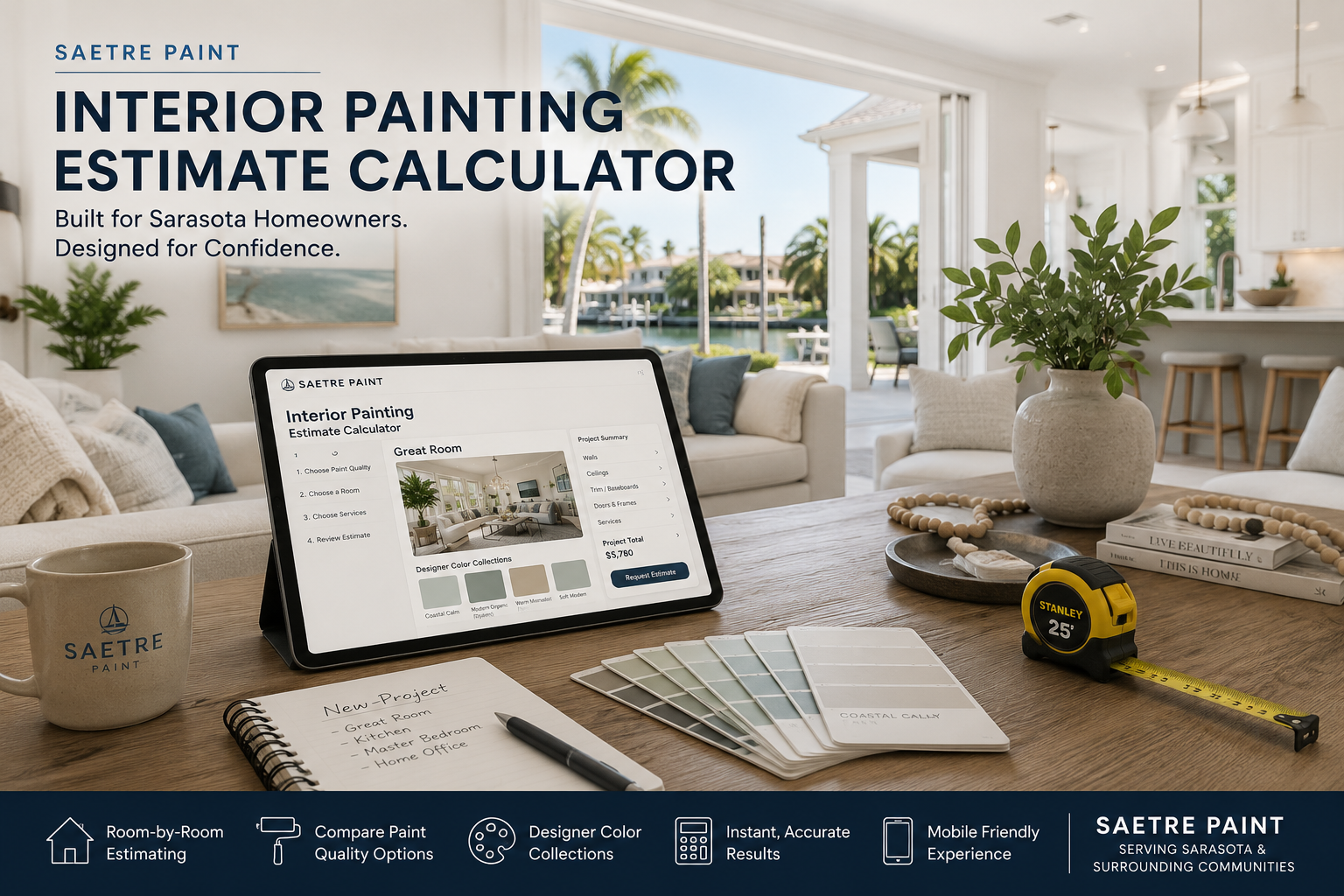 Saetre Paint Interior Painting Estimate Calculator preview showing room-by-room estimating, designer color collections, live project totals, and professional painting estimate tools for Sarasota homeowners.
