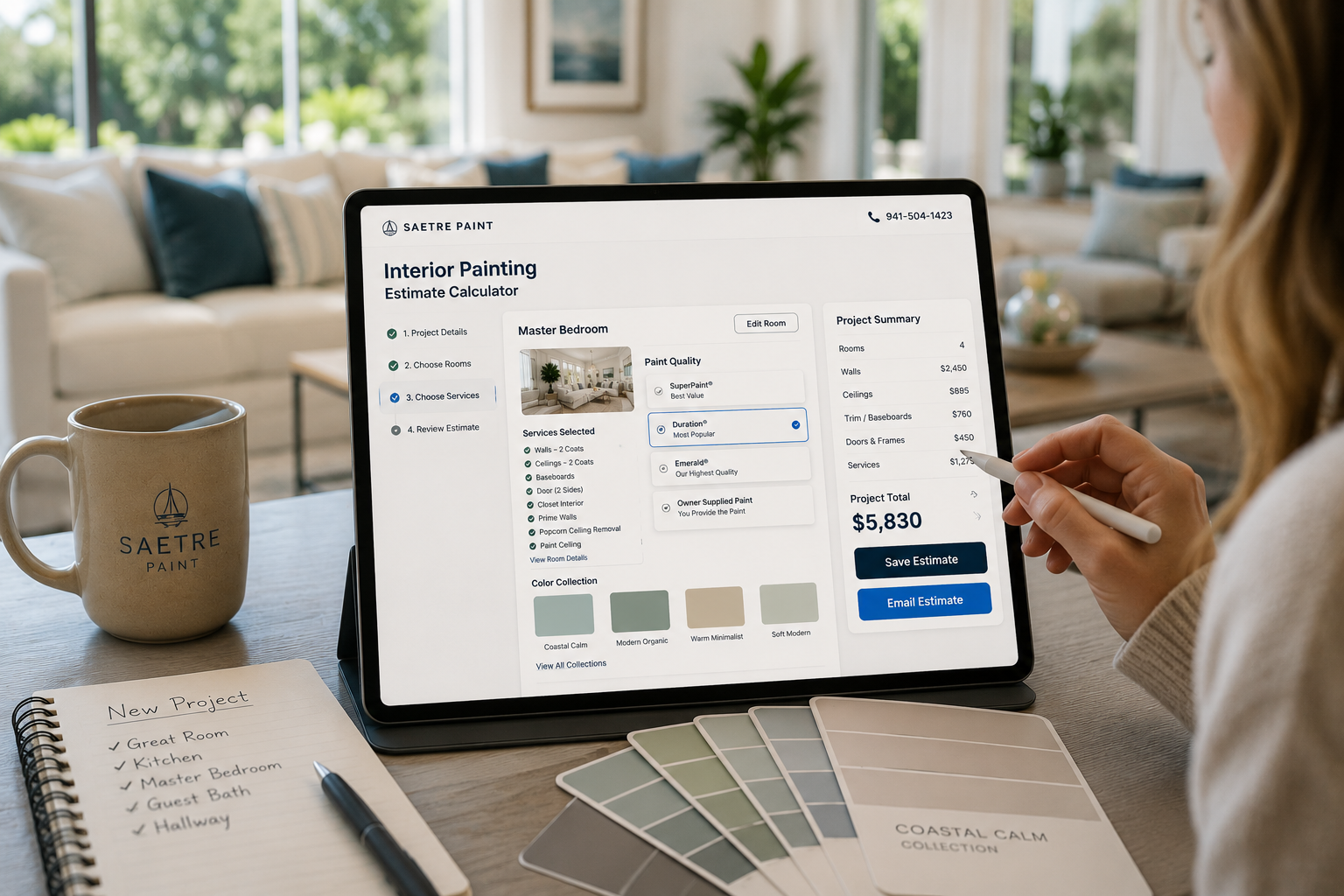 Homeowner using the Saetre Paint Sarasota Interior Painting Estimate Calculator on a tablet while comparing paint colors and viewing a live project estimate.