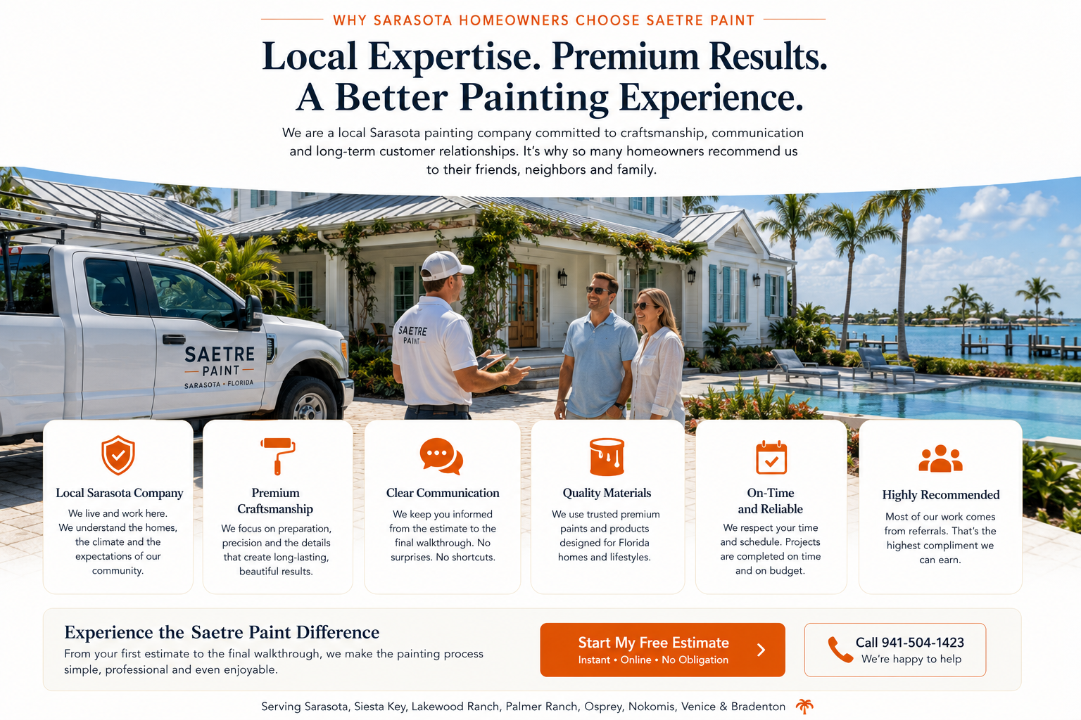 Saetre Paint consultation with Sarasota homeowners outside a luxury waterfront home