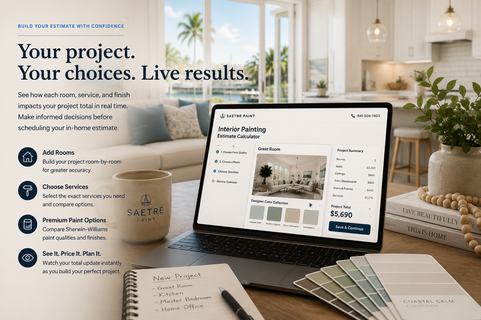 Sarasota homeowner planning an interior painting project using the Saetre Paint Interior Painting Estimate Calculator with live project totals, room-by-room estimating, premium Sherwin-Williams paint options, and designer color collections