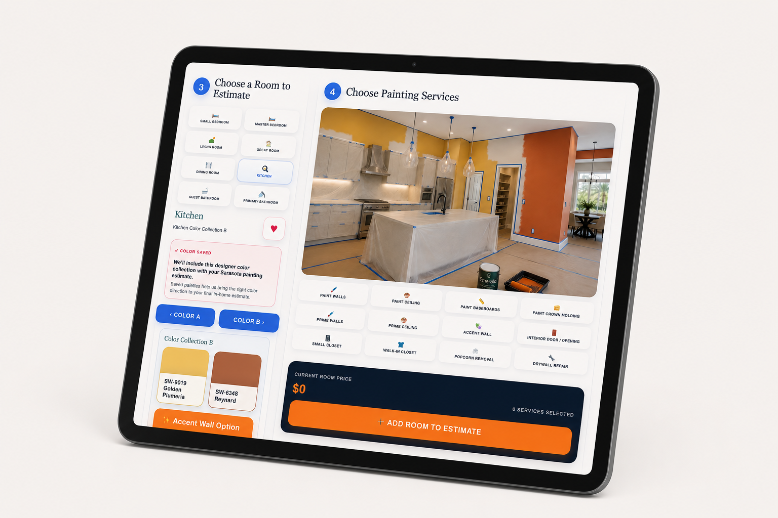 Saetre Paint room-by-room interior painting estimate calculator displayed on a tablet