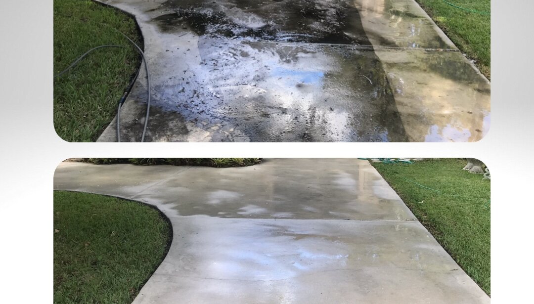 Concrete driveway before and after pressure cleaning